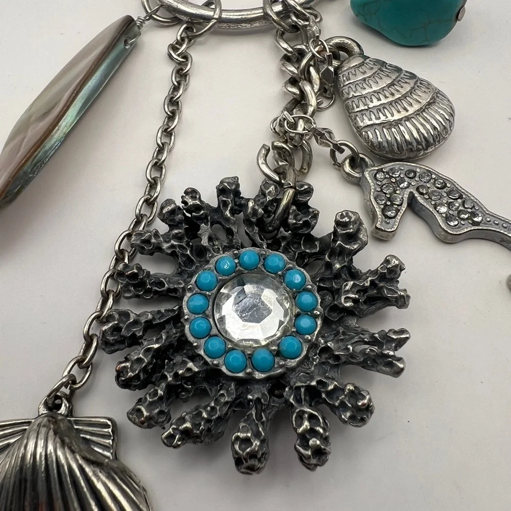 Chico's seahorse, jadeite, seashell long pendant silver tone necklace